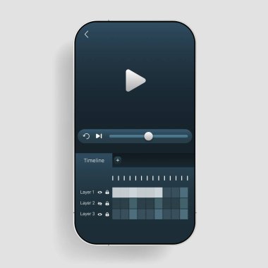 Çalma tuşu, zaman çizgisi, katman paneli ve ortam kontrolleri ile modern bir video düzenleyici uygulama arayüzü görüntüleyen minimalist akıllı telefon ekran modeli