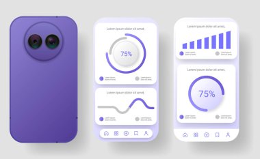 Dairesel şema, veri çubuğu grafiği ve eşitleyici biçim diyagram elementleri içeren modern mor ve beyaz UI şablon seti