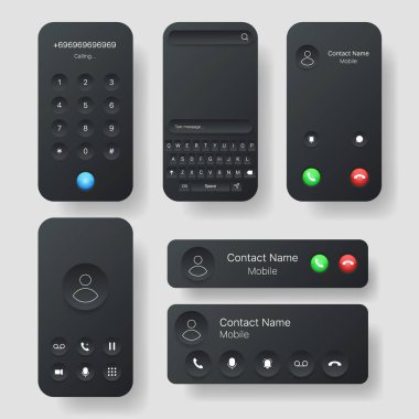 Çevirici ped, gelen arama ekranı, iletişim paneli, ortam kontrolleri, navigasyon simgeleri ve eylem düğmeleri gibi akıllı telefon arayüzü unsurları içeren modern koyu renk mobil UI seti
