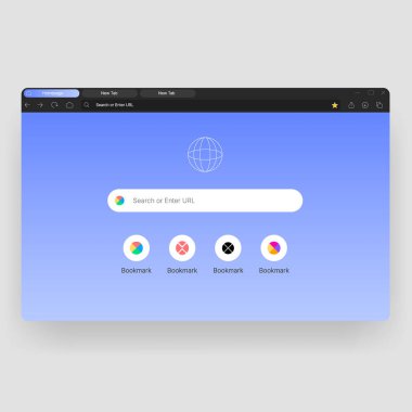 Navigasyon sekmeleri, adres çubuğu arama alanı, yer imi simgeleri ve ana sayfa yerleşimi içeren temiz masaüstü web tarayıcı arayüzü şablonu