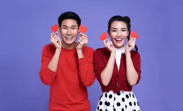 Happy Asian Couple Holding Red Paper Hearts Smiling Isolated Purple — Stock Photo, Image