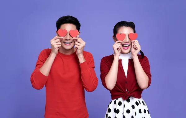 Happy Asian Couple Holding Red Paper Hearts Smiling Isolated Purple — Stock Photo, Image