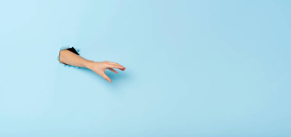 female hand gesturing reach out catch something on blue banner background. Panoramic image