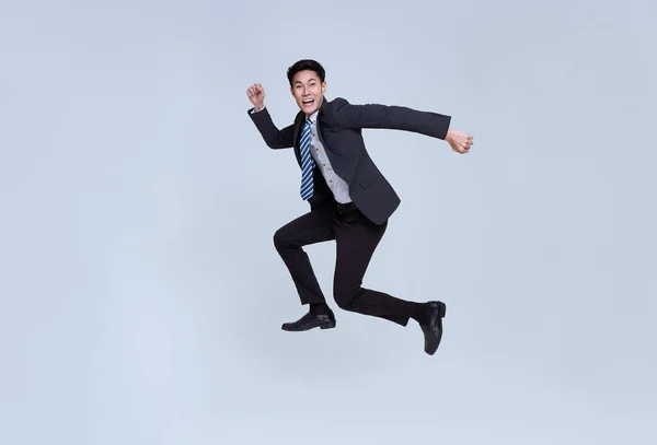 Fun Portrait Happy Energetic Young Asian Businessman Jumping Mid Air — ストック写真