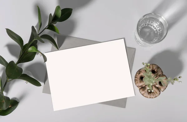 Mockup White Greeting Paper Card Envelope Green Leaf Mock Design — Photo