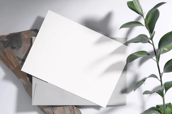 Mockup White Greeting Paper Card Envelope Green Leaf Mock Design — Photo