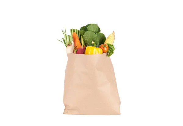 Paper Bag Fresh Healthy Groceries Vegetables Isolated White Background — Stock Photo, Image