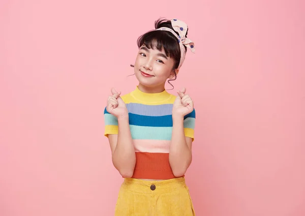 Happy Asian Girl Hand Showing Mini Heart Gesture Pink Background — 图库照片