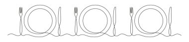 Tabak, çatal ve bıçakla minimalist masa düzeninin kesintisiz çizimi. Restoran ya da yemek konsepti için basit tasarım.
