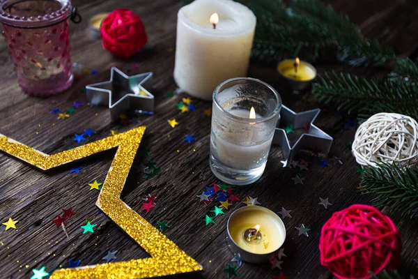 Navidad Fondo Estrellas Encendiendo Velas — Foto de Stock