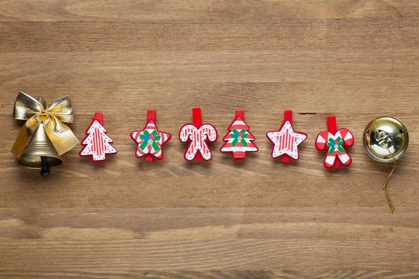 Julleksaker Och Julklocka Trä Bakgrund Vykort God Jul Och Gott — Stockfoto