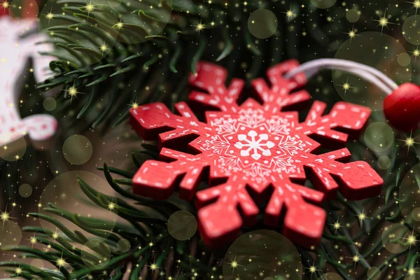 Kerst Versierd Kerstboom Close Kerstboom Sneeuwvlok — Stockfoto