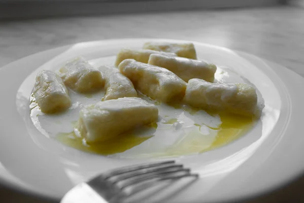 Primo Piano Gnocchi Pigri Con Ricotta Gnocchi Senza Ripieno Piatto — Foto Stock