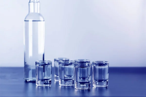 Vodka Flaska Och Skott Med Kopieringsutrymme — Stockfoto