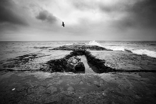 Paisaje Marino Con Rompeolas Día Nublado Foto —  Fotos de Stock