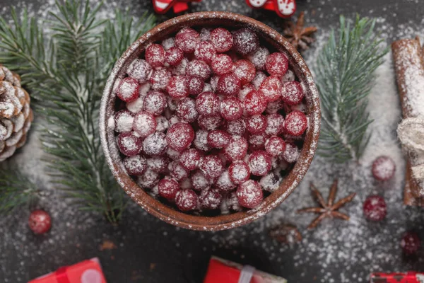 Christmas berry cranberries close up with powdered sugar. Christmas and New Year concept
