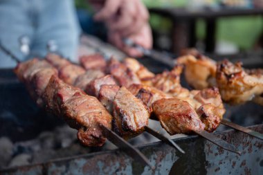 Özel bir evin arka bahçesinde yaz günü ateşte kebap ve etle barbekü pikniği..