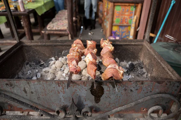 Picnic Barbacoa Con Kebabs Carne Una Chimenea Abierta Día Verano — Foto de Stock