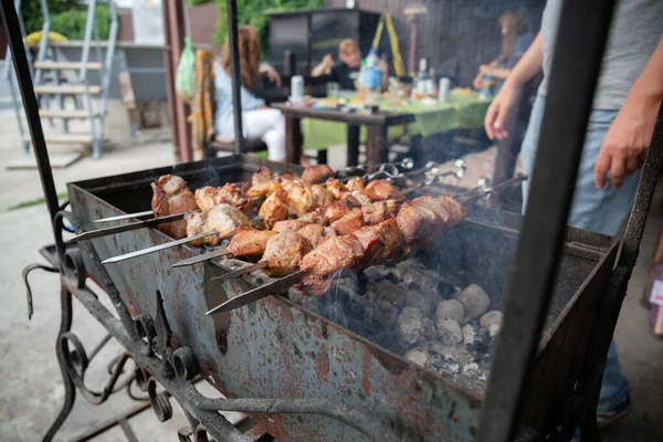 夏天的一天 在一家私人住宅的后院 与烤面包和肉一起在篝火中野餐 — 图库照片