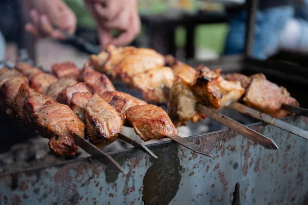 Gros Plan Sur Des Brochettes Viande Dans Pique Nique Barbecue — Photo