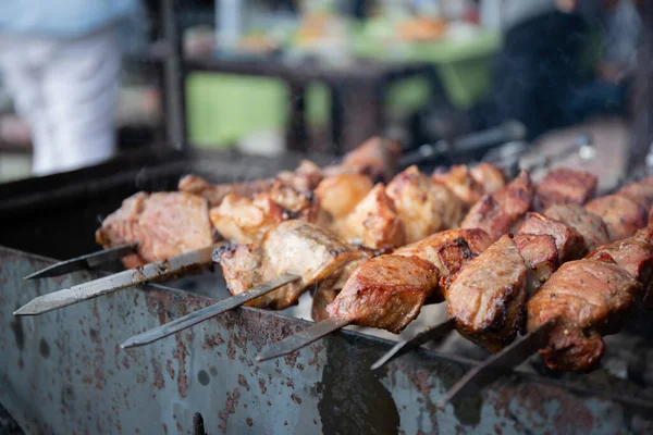 Gros Plan Sur Des Brochettes Viande Dans Pique Nique Barbecue — Photo