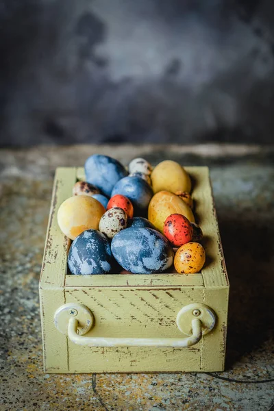 Easter Eggs Wooden Box Rustic Background Top View — Stock Photo, Image