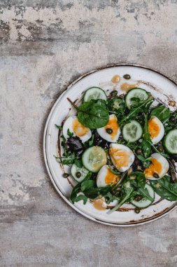 Salatalık taze salatalık, otlar, haşlanmış yumurta ve limon sosu seramik tabakta mevsimsel sağlıklı yeme konsepti, kopyalama alanı