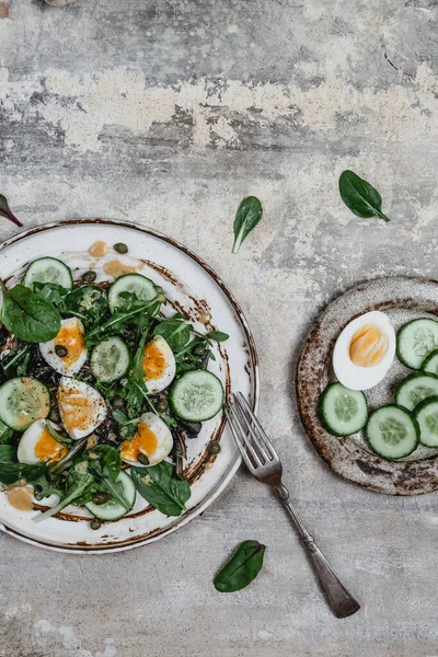 Salad Fresh Cucumbers Herbs Soft Boiled Eggs Lemon Dressing Ceramic Stock Picture