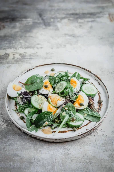 Salad Fresh Cucumbers Herbs Soft Boiled Eggs Lemon Dressing Ceramic Stock Image