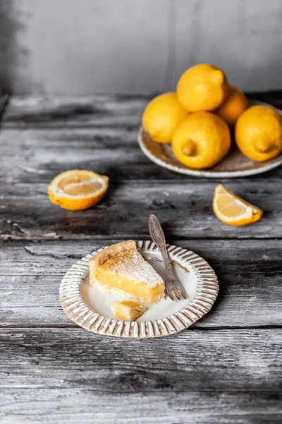 Plate Slice Delicious Homemade Cake Fork Table Lemons — Stock Photo, Image