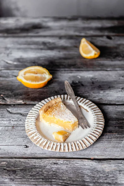 Plate Slice Delicious Homemade Cake Fork Table Lemon Pieces Royalty Free Stock Images