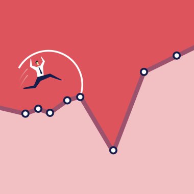 Ekonomik krizi önlemek için sırıkla atlayan bir iş adamı. İş konsepti. Vektör illüstrasyonu.