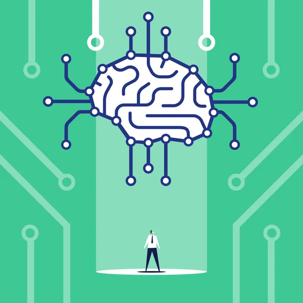 Businessman Looks Brain Digital Circuit Artificial Intelligence Big Data Concept Vector Graphics