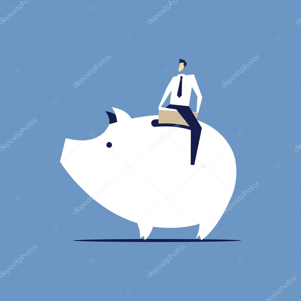 Businessman corked a piggy bank.  Loan denied concept. Businessman sitting astride a piggy bank. Vector illustration.