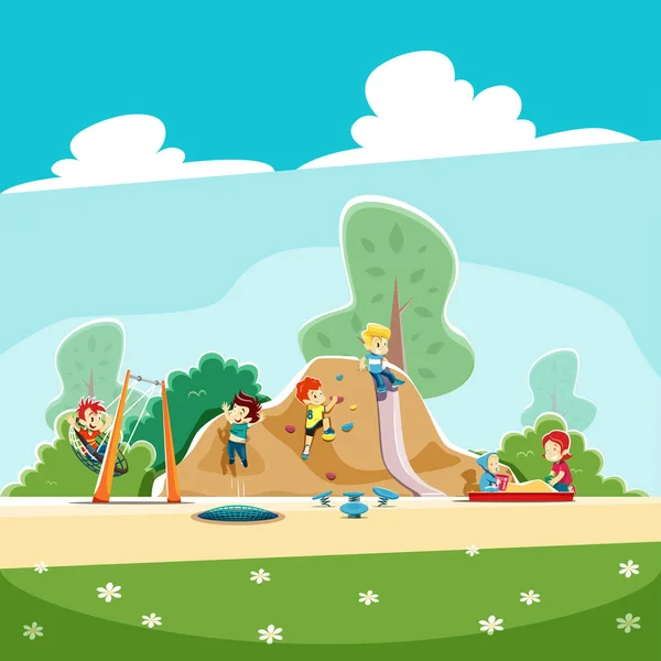 Children Playing Playground Kids Riding Hill Swinging Seesaw Playing Sandbox Royalty Free Stock Vectors