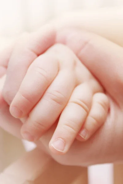 Die Hände Des Babys Und Seiner Mutter Zusammengeklemmt Geringe Tiefenschärfe — Stockfoto