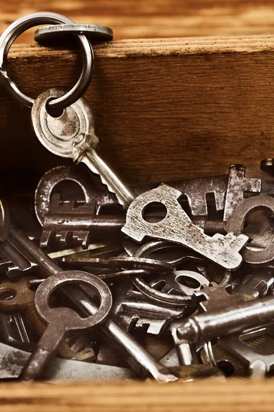 Various Vintage Metal Keys Door Locks Furniture Wooden Box — Stock Photo, Image