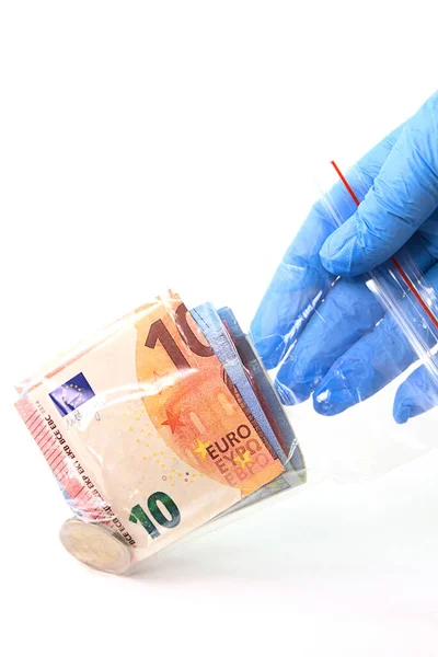 Hand Medical Glove Holds Transparent Plastic Bag Money Source Infection Royalty Free Stock Images