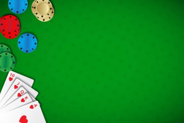 Royal Straight Floş 'lu vektör poker geçmişi ve yeşil kumarhane geçmişinde çipler. Modern poker geniş ekran duvar kağıdı