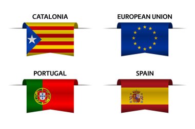 Dört Katalonya, Avrupa Birliği, Portekiz ve İspanyol kurdeleleri. Katalonya 'da üretildi, Avrupa Birliği' nde üretildi, Portekiz 'de üretildi ve İspanya' da üretildi. Bayraklı basit vektör simgeleri