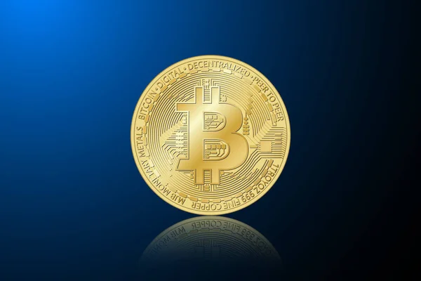 Bitcoin Oro Vector Cripto Moneda Símbolo Oro Sobre Fondo Azul — Vector de stock