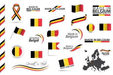 Big vector set of Belgian ribbons, symbols, icons and flags isolated on a white background. Made in Belgium, premium quality, Belgian national tricolor. Set for your infographics and templates clipart
