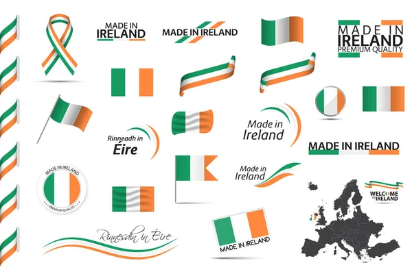 Big Vector Set Irish Ribbons Symbols Icons Flags Isolated White — Stock Vector