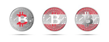Avusturya bayrağı taşıyan üç Bitcoin kripto sikkesi. Geleceğin parası. Modern kripto para birimi vektör çizimi