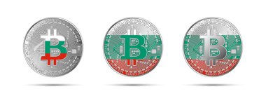 Bulgaristan bayrağı taşıyan üç Bitcoin kripto sikkesi. Geleceğin parası. Modern kripto para birimi vektör çizimi
