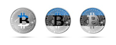 Estonya bayrağı taşıyan üç Bitcoin kripto sikkesi. Geleceğin parası. Modern kripto para birimi vektör çizimi