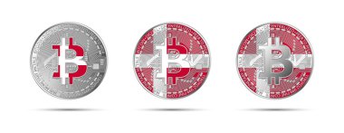 Danimarka bayrağı taşıyan üç Bitcoin kripto sikkesi. Geleceğin parası. Modern kripto para birimi vektör çizimi