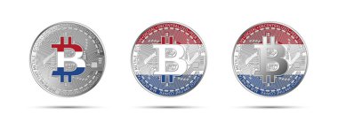 Hollanda bayrağı taşıyan üç Bitcoin kripto sikkesi. Geleceğin parası. Modern kripto para birimi vektör çizimi
