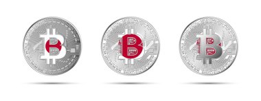 Japon bayrağı taşıyan üç Bitcoin kripto sikkesi. Geleceğin parası. Modern kripto para birimi vektör çizimi