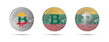 Litvanya bayrağı taşıyan üç Bitcoin kripto sikkesi. Geleceğin parası. Modern kripto para birimi vektör çizimi